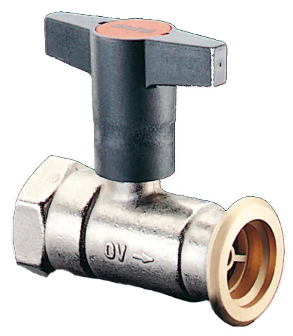 Oventrop Kugelhahn mit schwarzem Handgriff, metallischem Gehäuse und Anschluss für Pumpenflansch. Integriertes Sperrventil sichtbar.